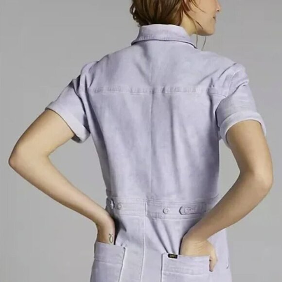 Anthropologie Lee Acid-Wash Lavender Denim Short Overalls XL - Picture 3 of 13